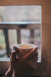 Cropped image of hand holding glass window