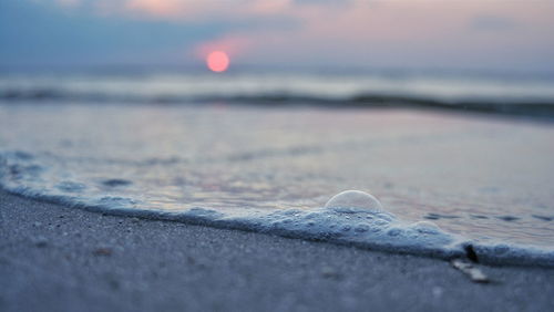 Close-up of beach against sky during sunset