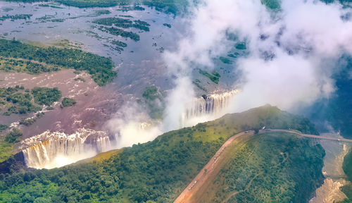 High angle view of landscape against sky,victoria falls in zimbabwe