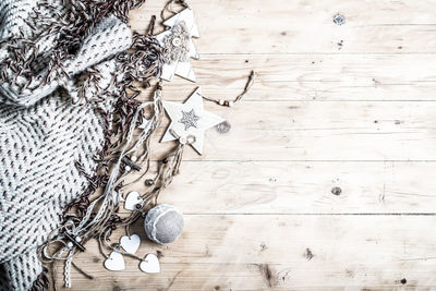 High angle view of shoes on hardwood floor