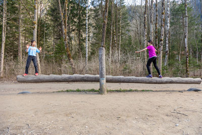 Two young female children play on a wooden seesaw balance beam at a national park