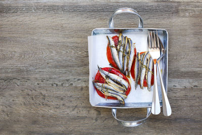 High angle view of food on table