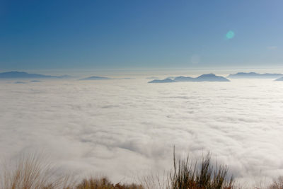 Scenic view of sea against clear blue sky