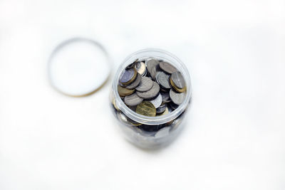 High angle view of jar on table