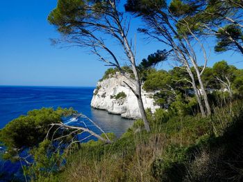 Scenic view of sea against clear blue sky