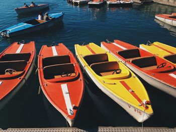 High angle view of boats moored on lake