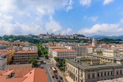 High angle shot of townscape against sky