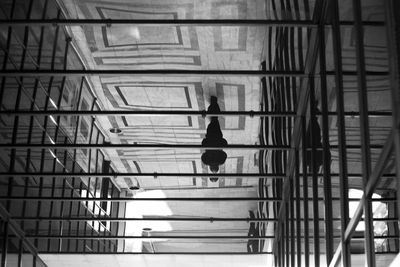 Low angle view of glass ceiling with reflection of person