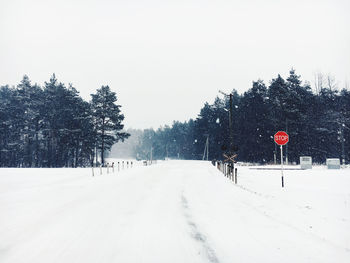 Snow covered road amidst trees against sky