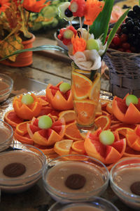 Close-up of fruits in glass on table