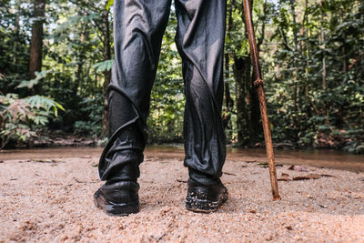 Low section of man standing in forest