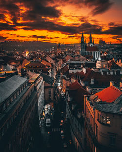 High angle view of townscape against sky during sunset