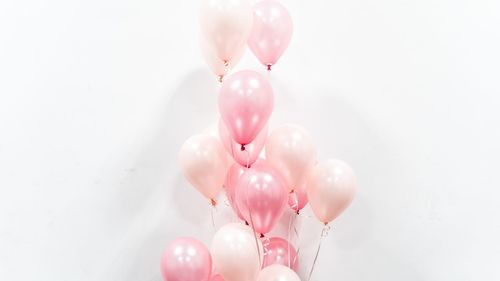 Close-up of pink balloons over white background