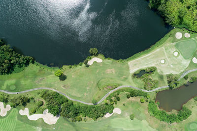 High angle view of green landscape and lake
