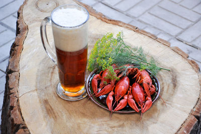 High angle view of beer in glass on table