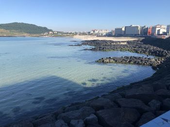 Scenic view of sea against clear sky