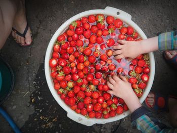 High angle view of hand holding strawberries