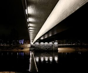 Illuminated bridge over river in city at night