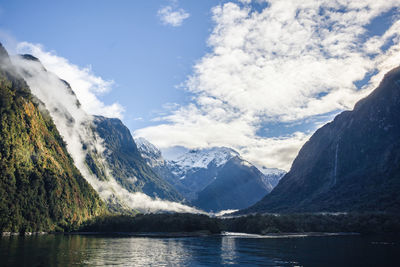 Scenic view of lake and snowcapped mountains against sky