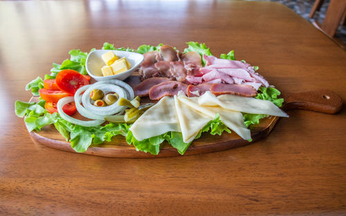 High angle view of salad in plate on table