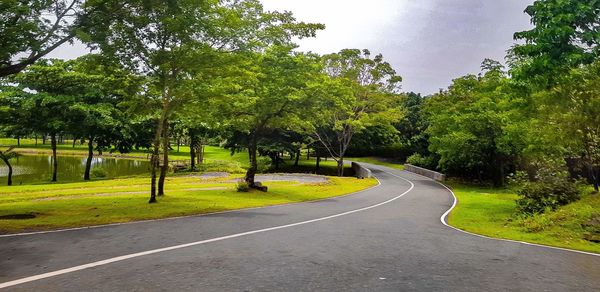 Road amidst trees and plants against sky