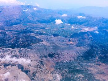 Aerial view of snowcapped mountains against sky