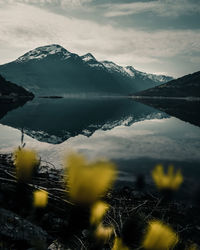 Scenic view of lake by snowcapped mountains against sky