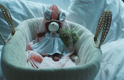 High angle view of stuffed toy in basket on bed