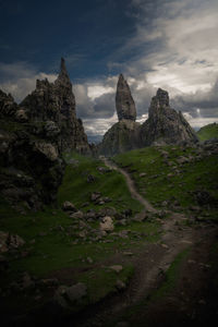 Rock formations on landscape against sky