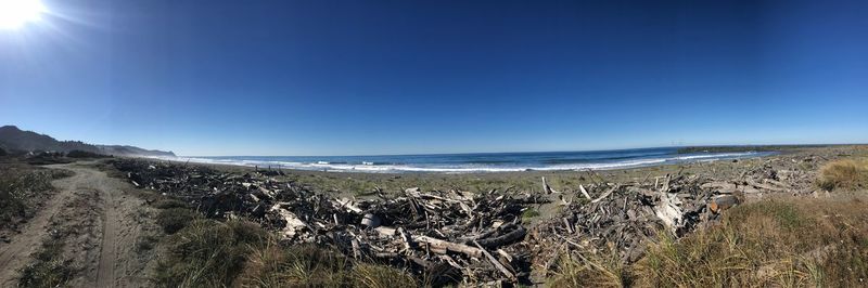 Panoramic view of beach against clear blue sky