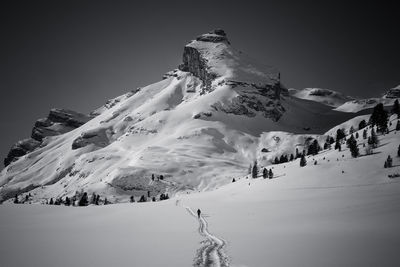 Scenic view of snow covered mountains against sky