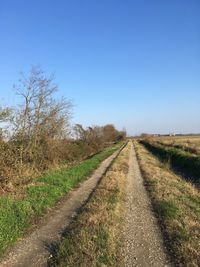 Dirt road amidst field against clear sky