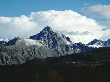 Scenic view of mountains against cloudy sky