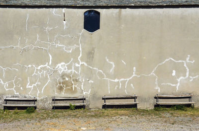 The village looks like deserted. in front of the outer wall of the church there are four benches.