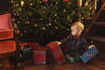 Portrait of boy playing with christmas tree