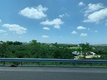 Road by trees against sky in city