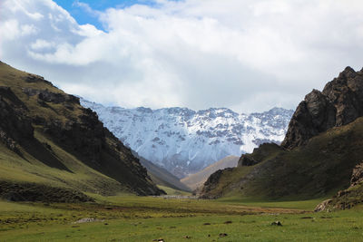 Scenic view of snowcapped mountains against sky