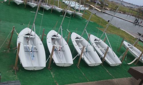 High angle view of boats moored by sea