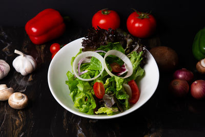 High angle view of vegetables in bowl on table