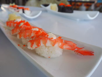 Close-up of sushi served in plate