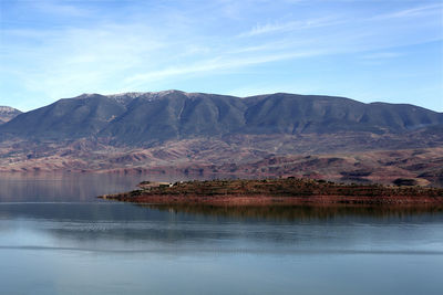 Scenic view of lake and mountains against sky