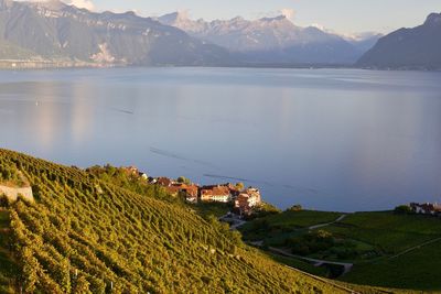 High angle view of lake and mountains