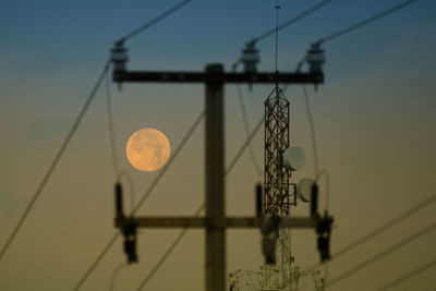 Low angle view of electricity pylon against sky during sunset