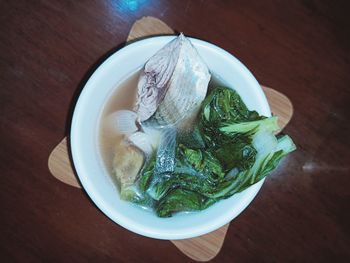 High angle view of salad in bowl on table