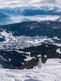 Aerial view of snowcapped mountains against sky