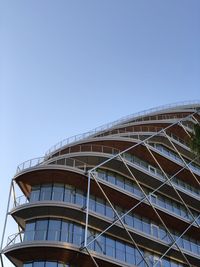 Low angle view of modern building against clear blue sky