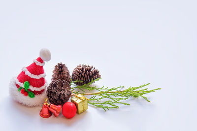 Close-up of christmas tree against white background