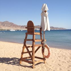 Parasol by lifeguard chair at beach against clear sky