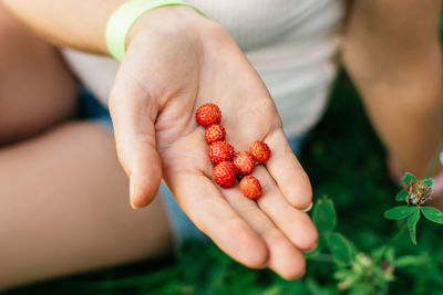 Midsection of woman holding strawberries