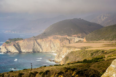 Scenic view of sea and mountains against sky